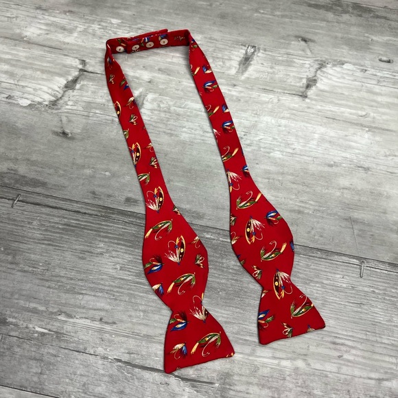 Burberry Red Fishing Fish Lure Hook Pattern Silk Bowtie - Picture 1 of 4